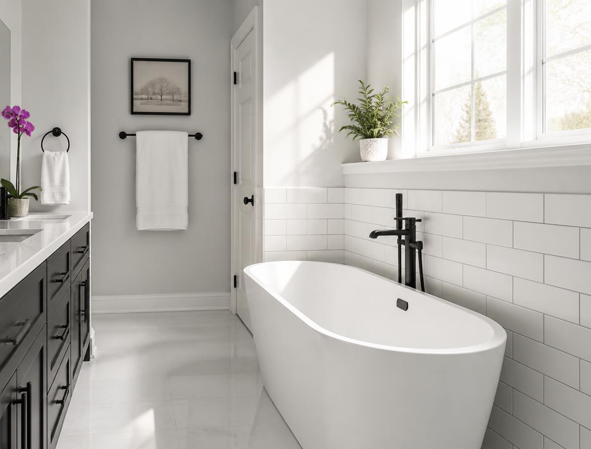 Guest bathroom with a freestanding soaking tub and gleaming subway tile