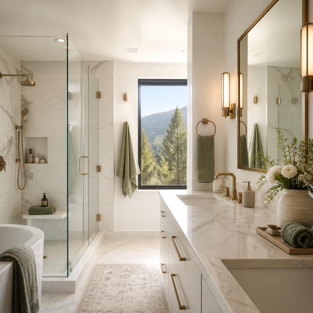 Spa-like clean bathroom with marble finishes and mountain view
