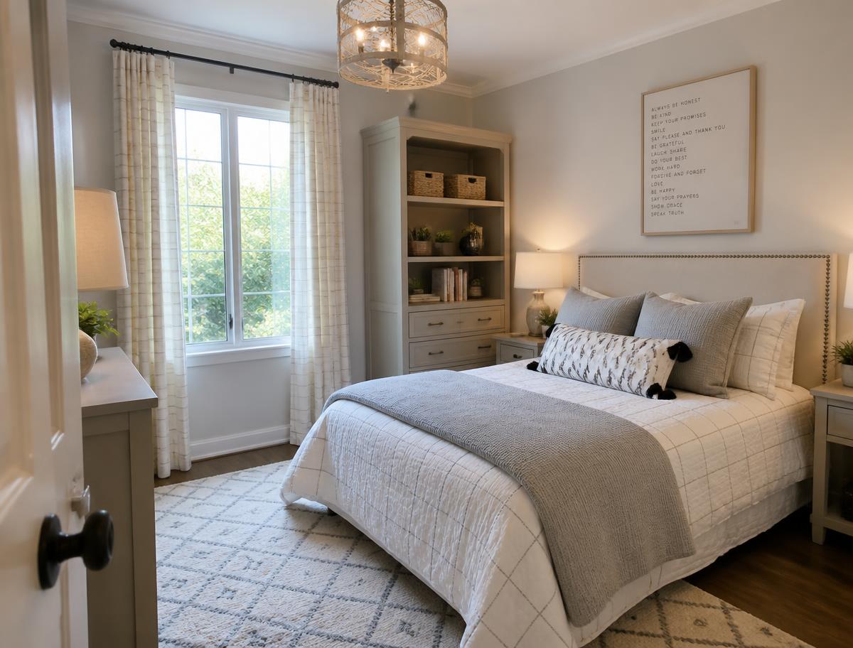 Tidy guest bedroom with a neatly made bed, organized shelves and clean rug