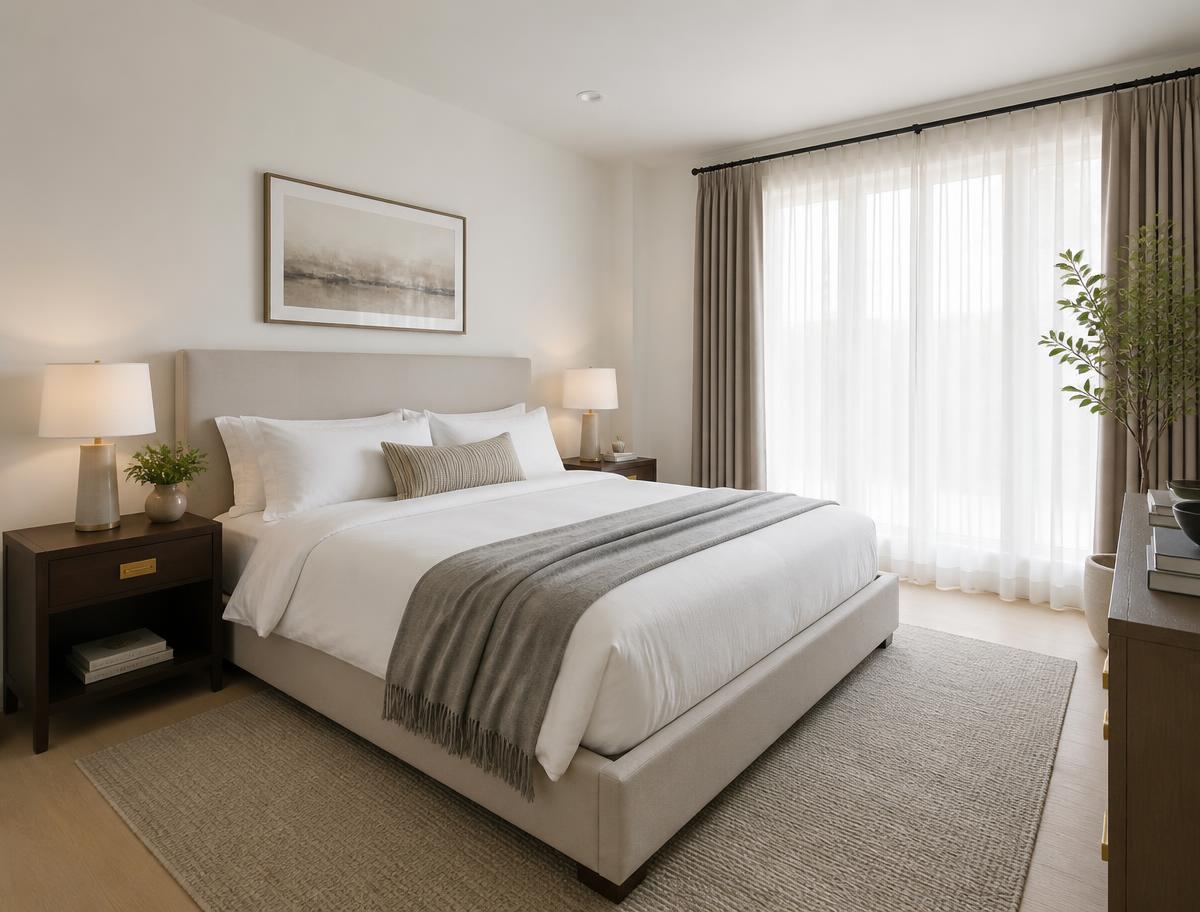 Primary bedroom with hotel-style linens, clean nightstands and spotless floors