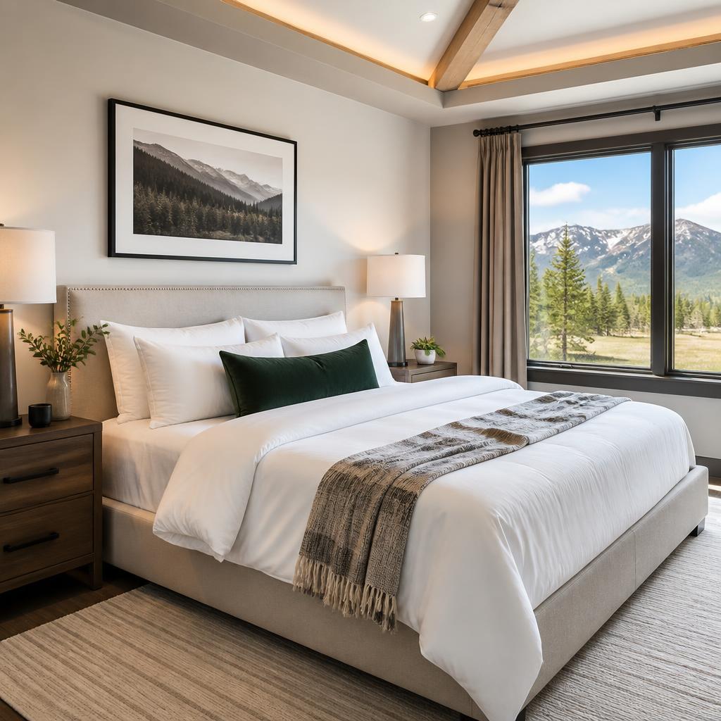 Serene clean bedroom with crisp white linens and Colorado mountain view