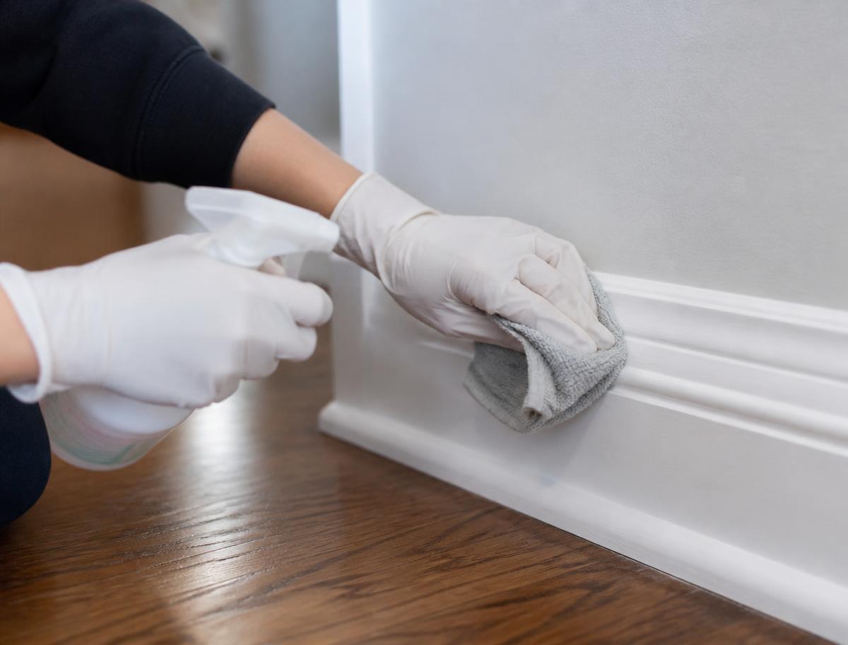 Baseboards wiped clean by hand along a hardwood hallway floor