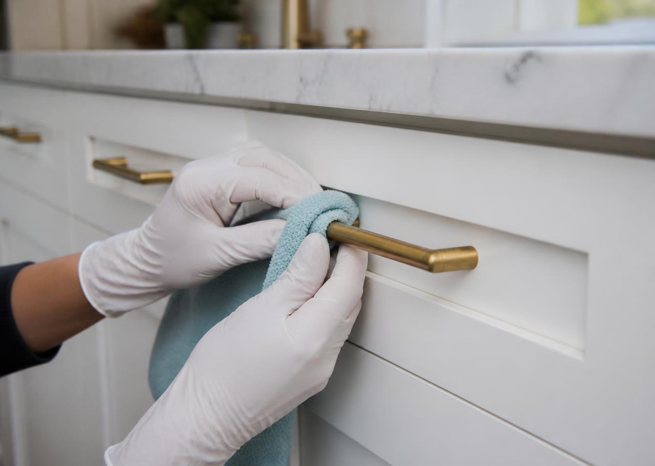 Gloved hands polishing brass kitchen cabinet pulls