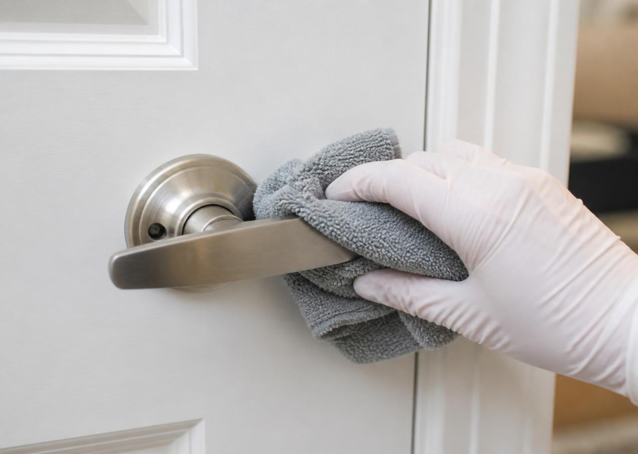 Gloved hand wiping a brushed nickel interior door handle
