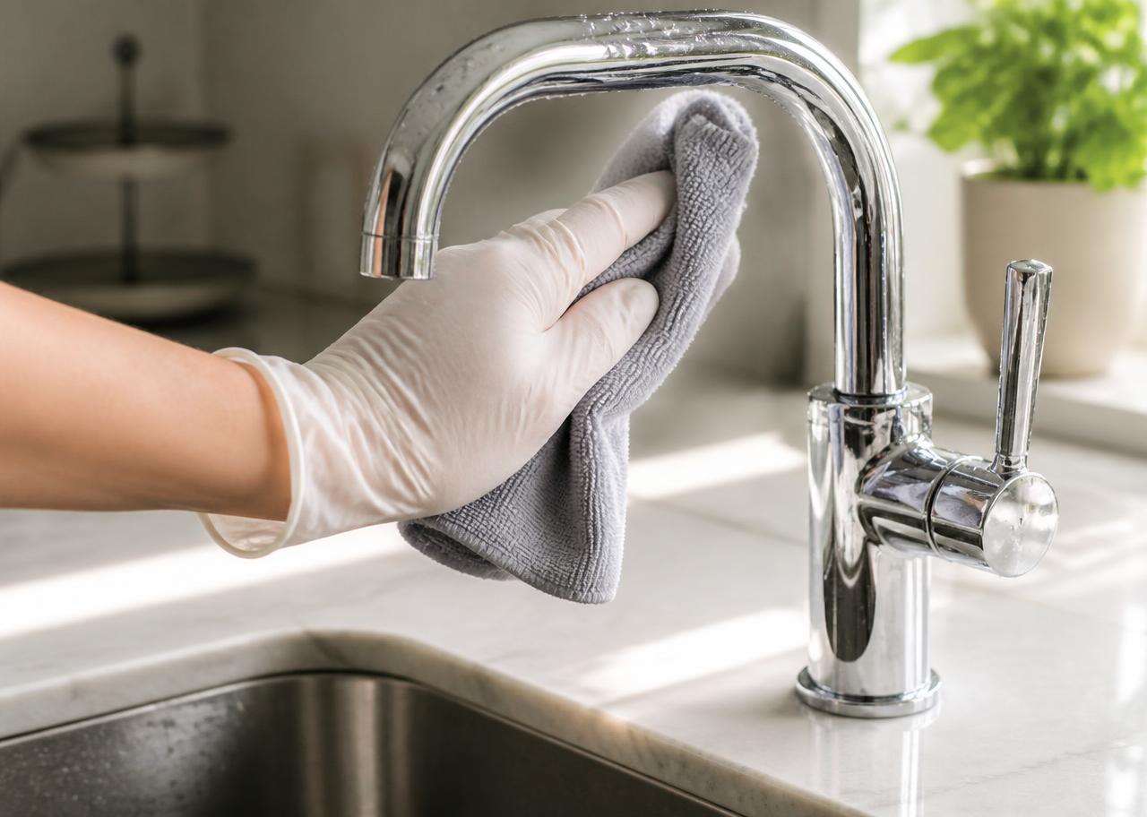 Gloved hand polishing a chrome kitchen faucet to a streak-free shine