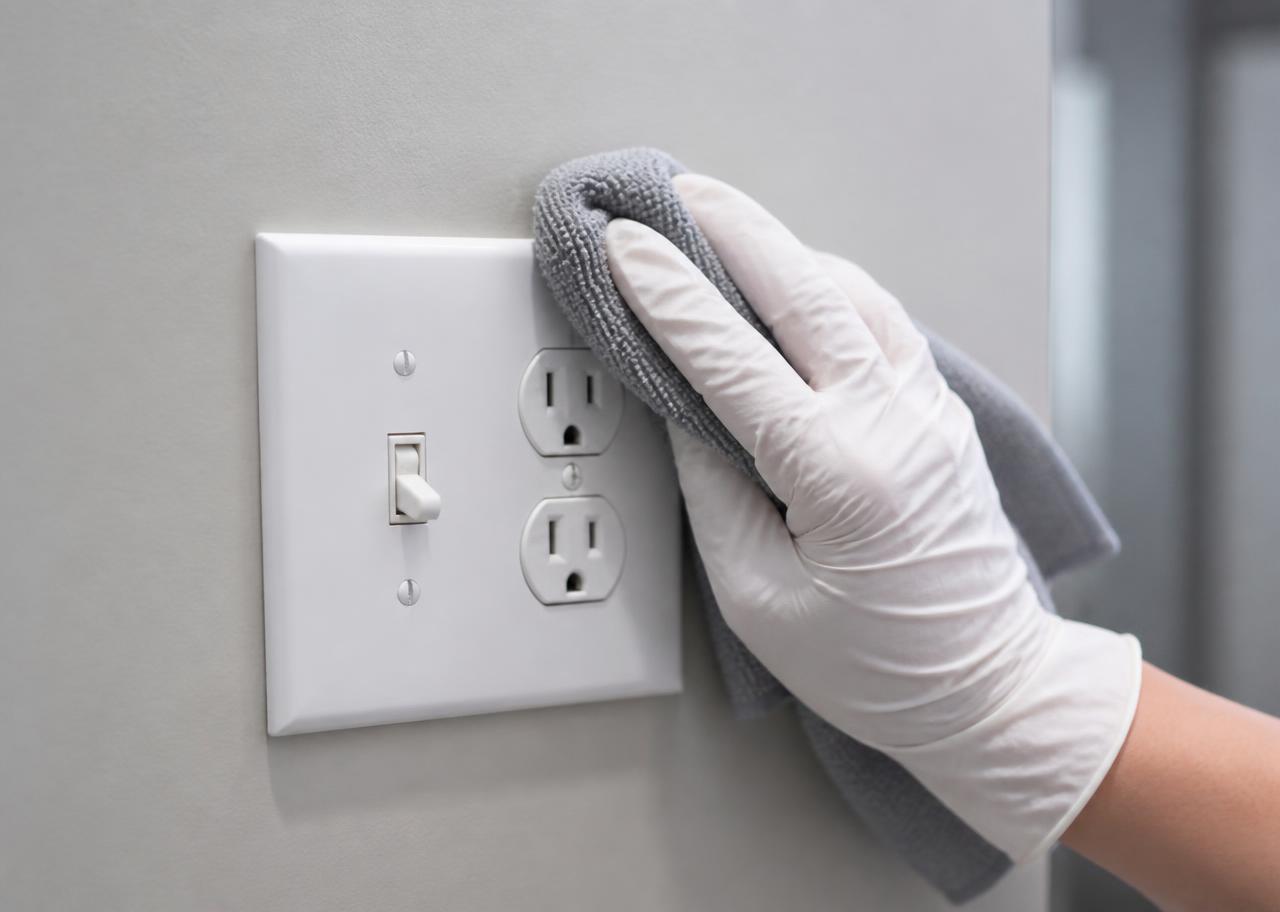 Gloved hand wiping a white light switch and outlet plate