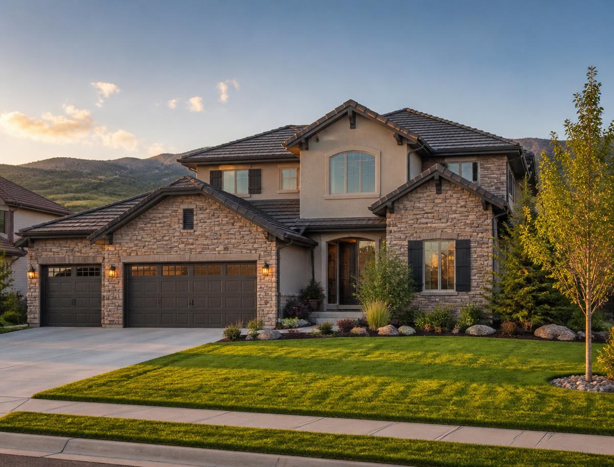 Two-story Colorado home at golden hour with clean windows and manicured lawn