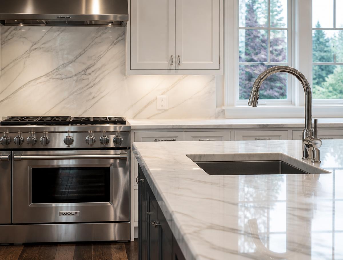 Streak-free stainless range, faucet and marble counter after a detail kitchen clean