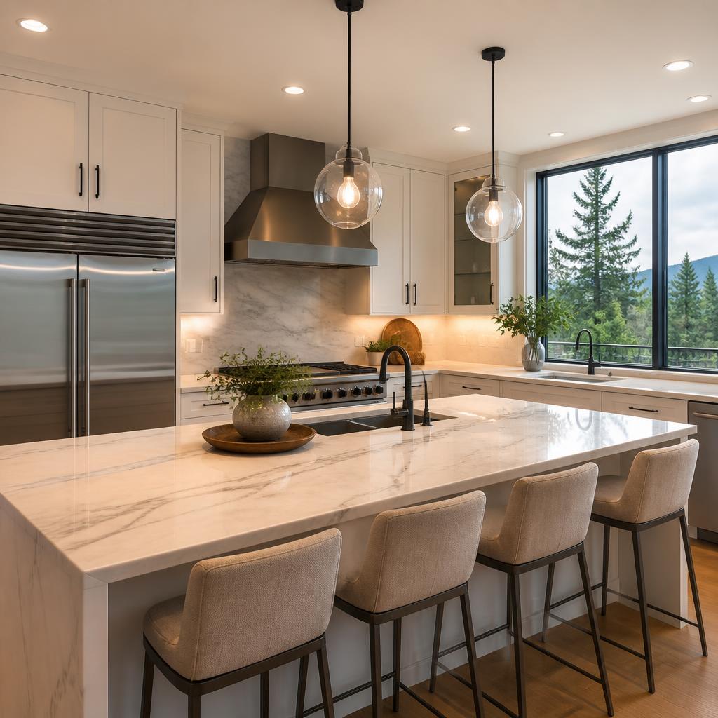 Gleaming modern kitchen with marble countertops after Brazilian Standard cleaning
