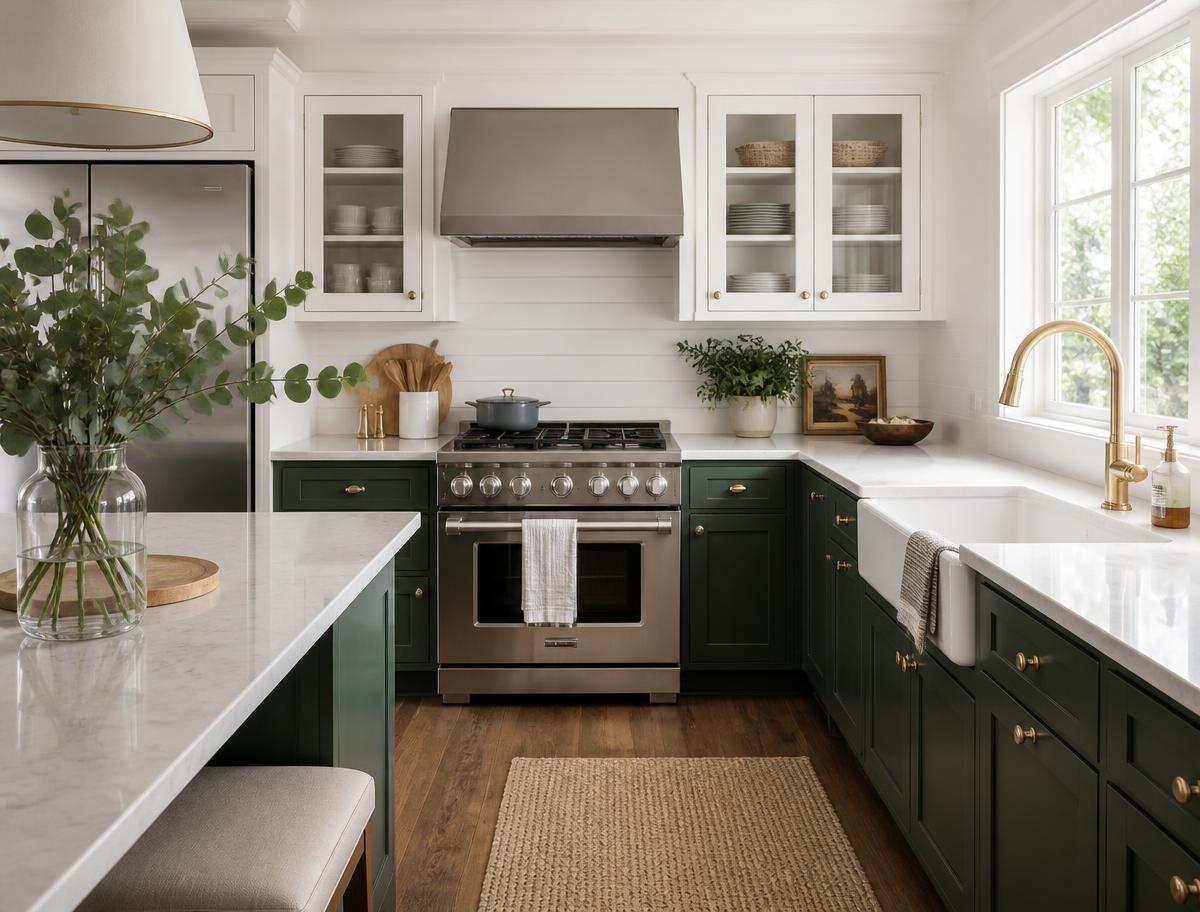 Modern farmhouse kitchen with deep green cabinets and a polished marble counter