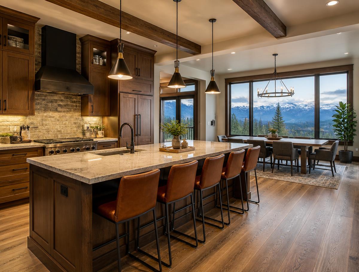 Open-concept mountain-home kitchen and dining area cleaned top to bottom