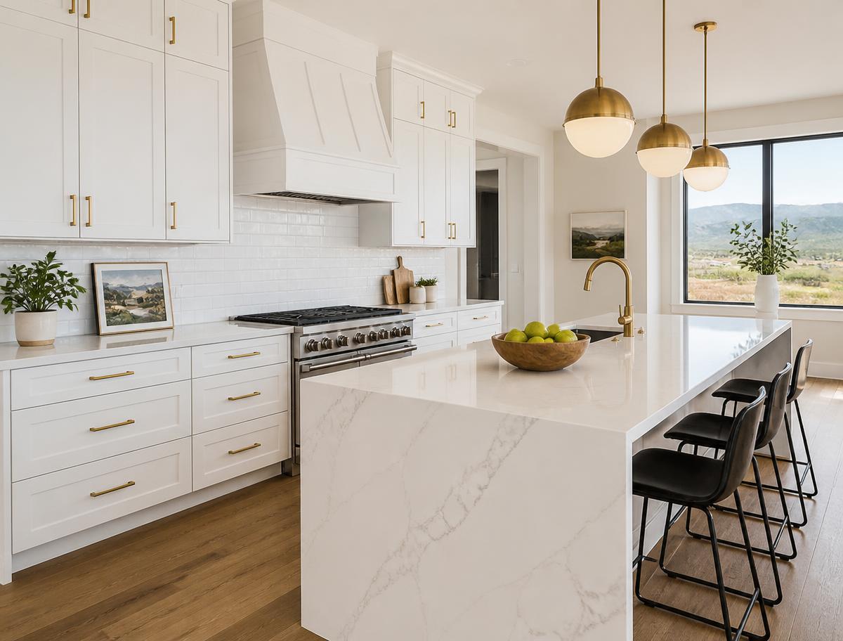 Whole-home clean finish shown in a bright white kitchen with a spotless island