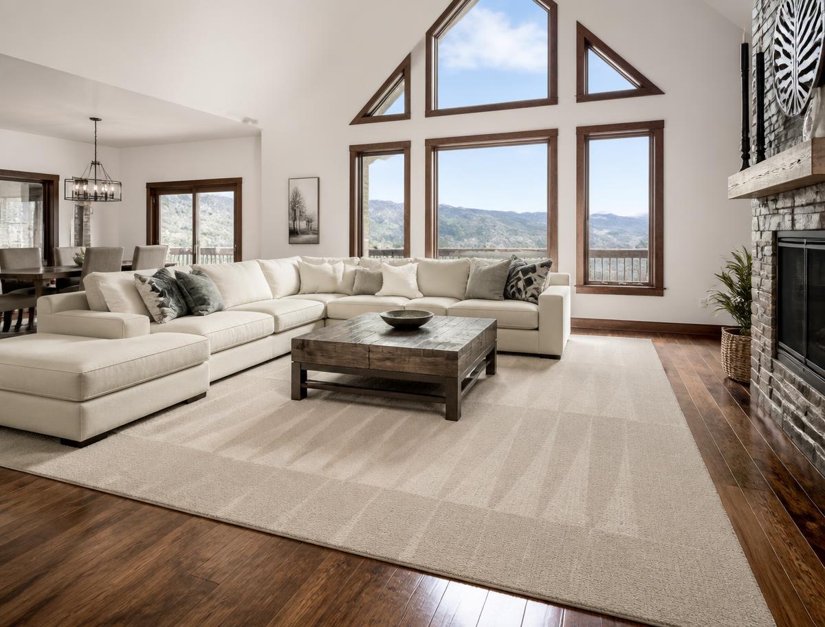 Bright living room with a freshly vacuumed rug and gleaming hardwood floors