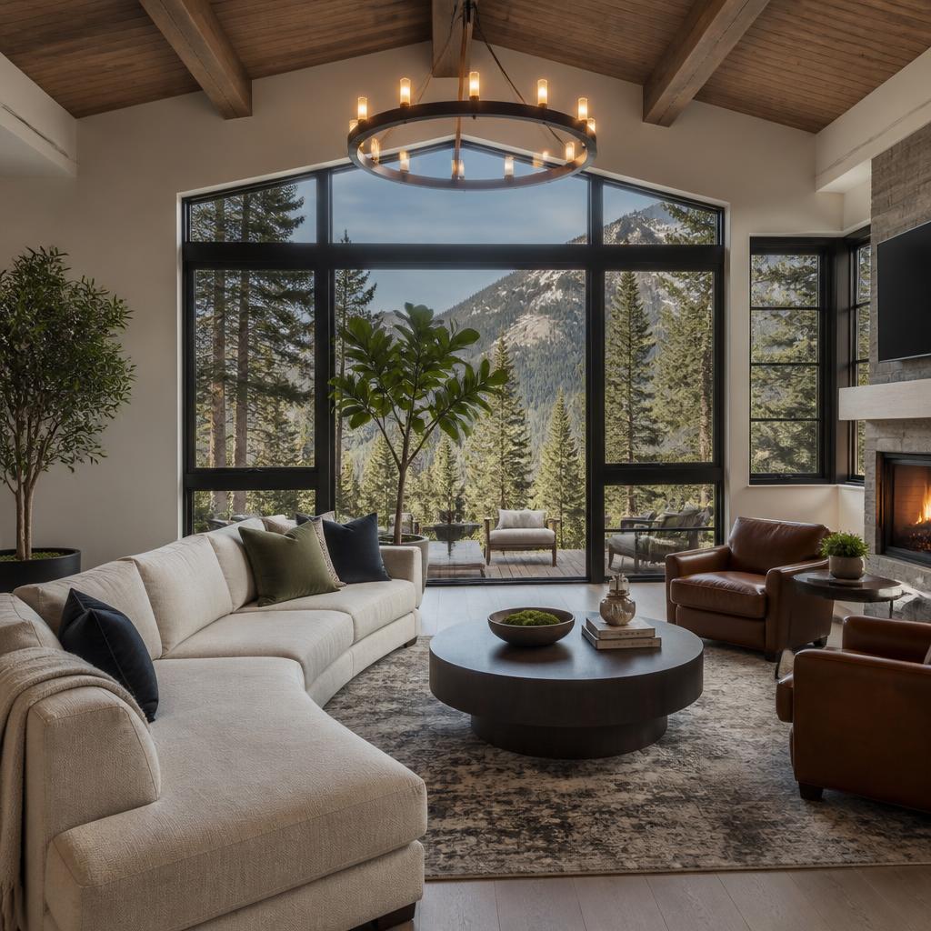 Elegant modern living room with mountain views and pristine clean furnishings