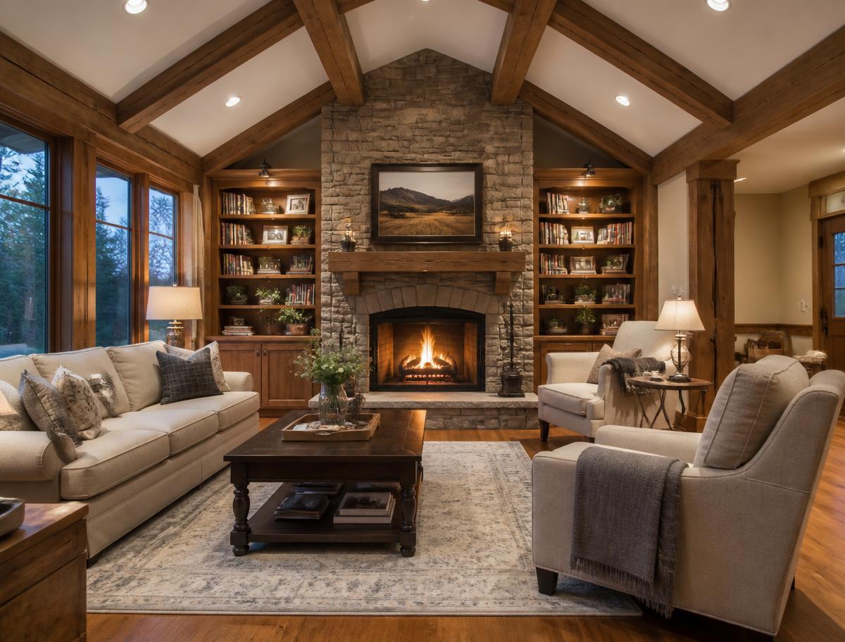 Cozy living room with a stone fireplace, dust-free surfaces and styled shelves