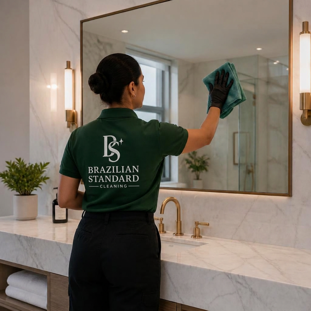 Brazilian Standard Cleaning professional cleaning a bathroom mirror and marble vanity