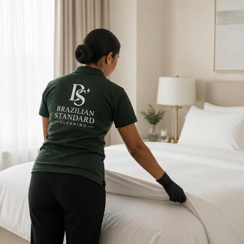 Brazilian Standard Cleaning professional making a bed with crisp white linens in a serene bedroom