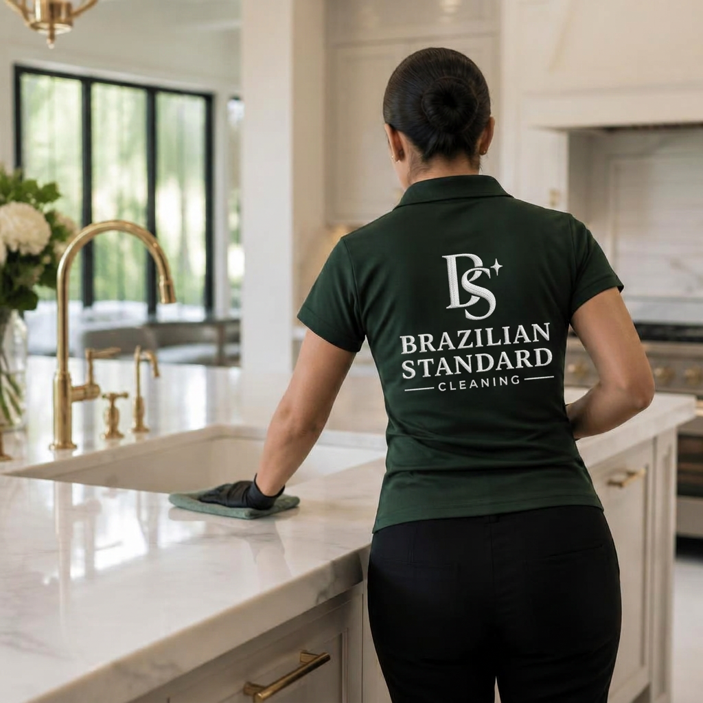Brazilian Standard Cleaning professional polishing a kitchen countertop
